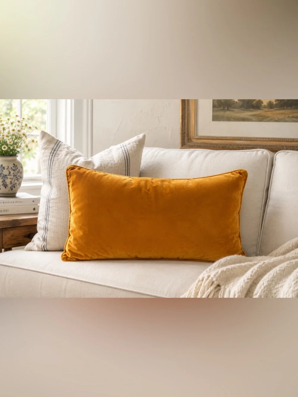 Mustard Gold Velvet Lumbar Pillow Cover 24x15 Boho Modern Accent Cushion